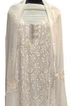 Elegant Off White Kashmiri Aari Work Georgette Three Piece Unstitched Suit Set - Luxurion World