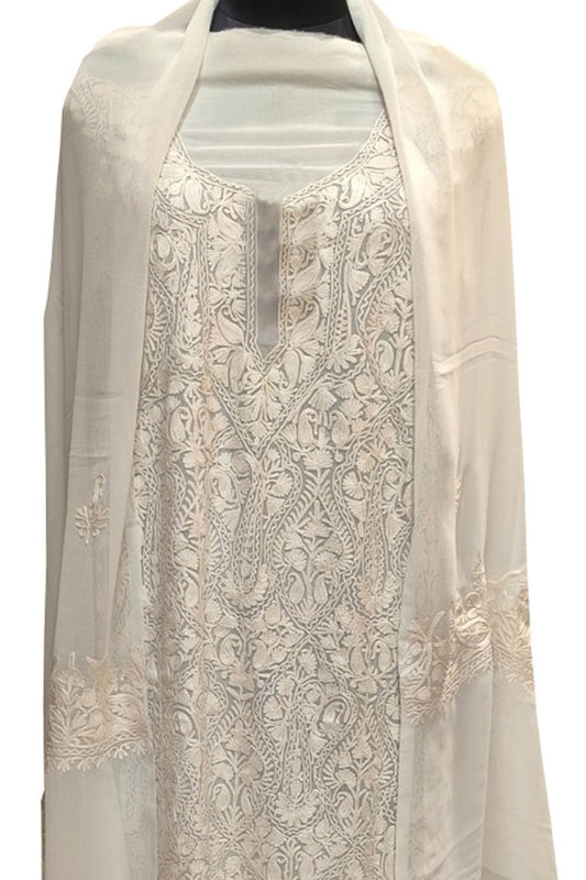 Elegant Off White Kashmiri Aari Work Georgette Three Piece Unstitched Suit Set - Luxurion World