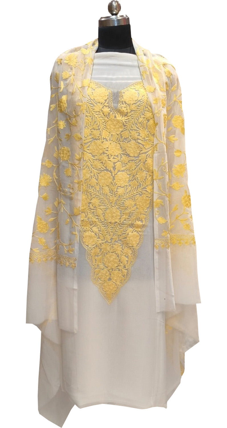 Elegant Off White Kashmiri Aari Work Georgette Three Piece Unstitched Suit Set - Luxurion World