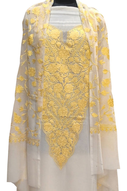 Elegant Off White Kashmiri Aari Work Georgette Three Piece Unstitched Suit Set - Luxurion World