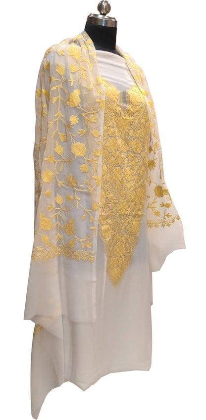 Elegant Off White Kashmiri Aari Work Georgette Three Piece Unstitched Suit Set - Luxurion World