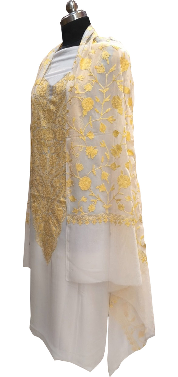 Elegant Off White Kashmiri Aari Work Georgette Three Piece Unstitched Suit Set - Luxurion World