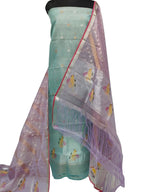 Green And Purple Handloom Kota Doria Real Zari Two Piece Unstitched Suit Set - Luxurion World