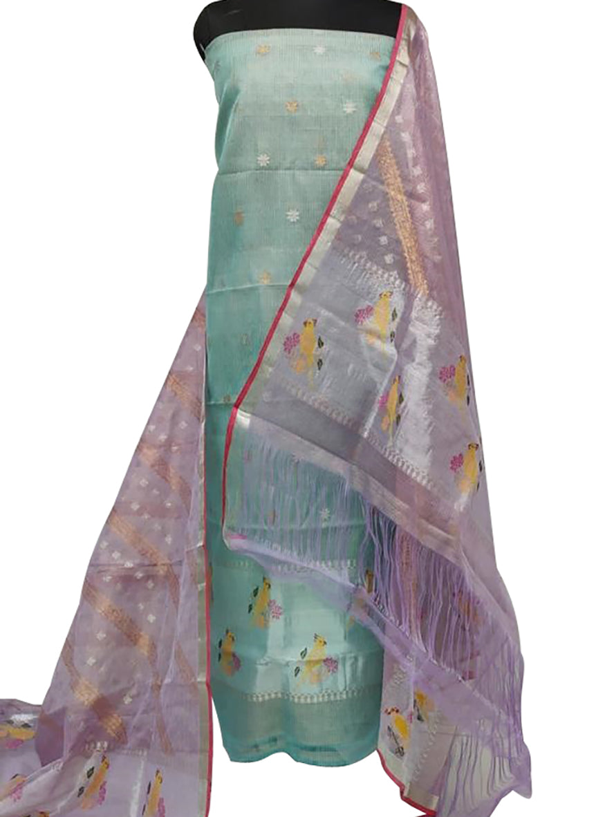 Green And Purple Handloom Kota Doria Real Zari Two Piece Unstitched Suit Set - Luxurion World