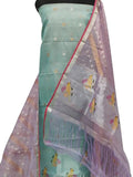 Green And Purple Handloom Kota Doria Real Zari Two Piece Unstitched Suit Set - Luxurion World