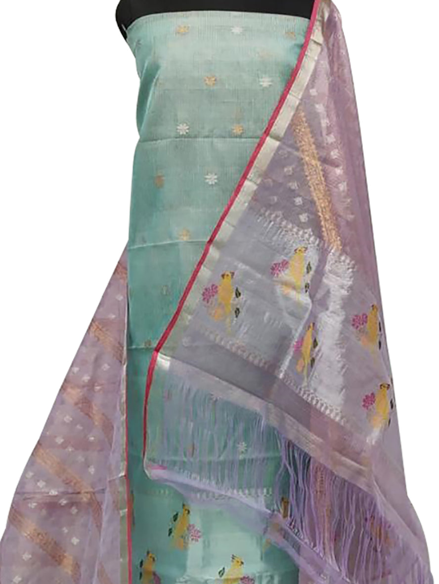 Green And Purple Handloom Kota Doria Real Zari Two Piece Unstitched Suit Set - Luxurion World