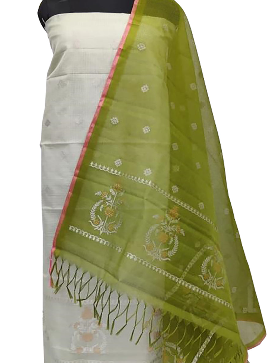 Off White And Green Handloom Kota Doria Real Zari Two Piece Unstitched Suit Set - Luxurion World