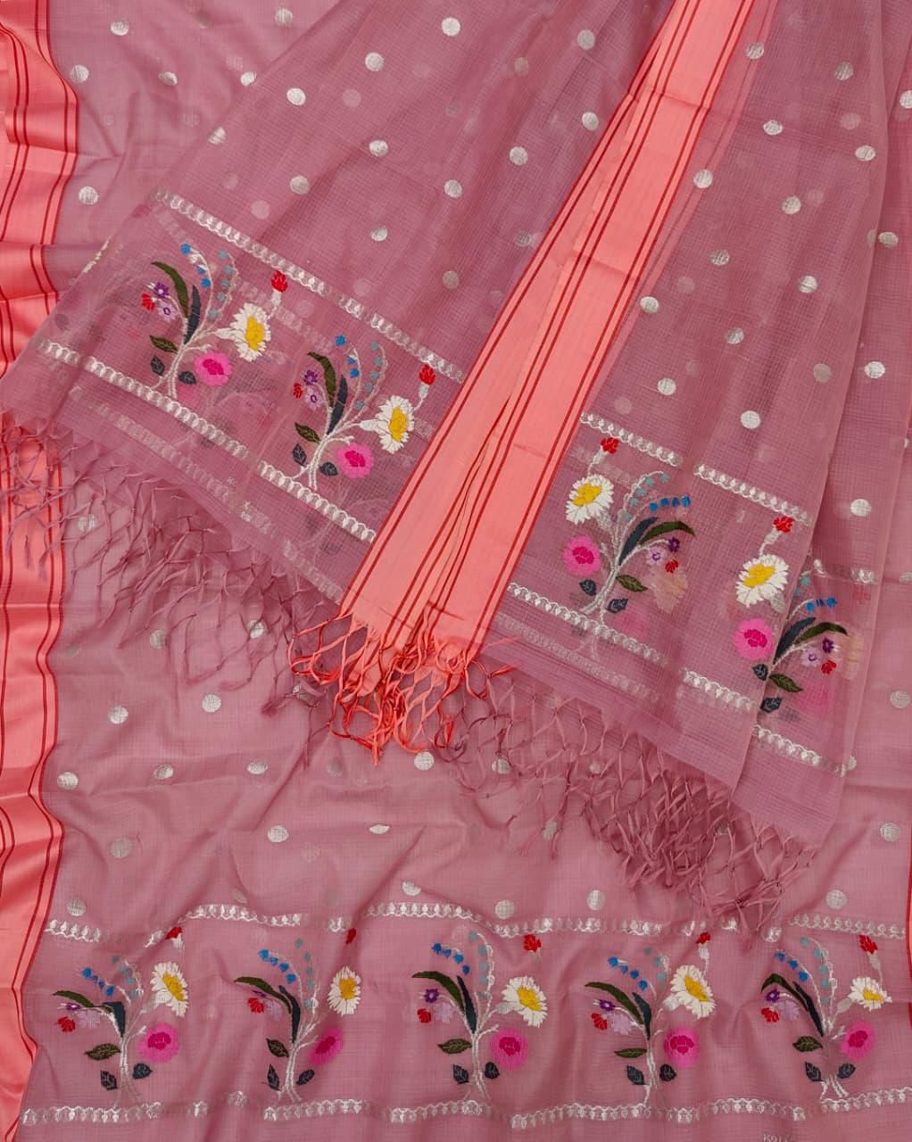Pink Kota Doria Real Zari Two Piece Unstitched Suit Set - Luxurion World