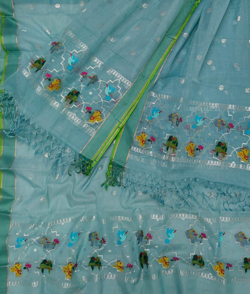 Elegant Blue Kota Doria Real Zari Two Piece Unstitched Suit Set - Luxurion World