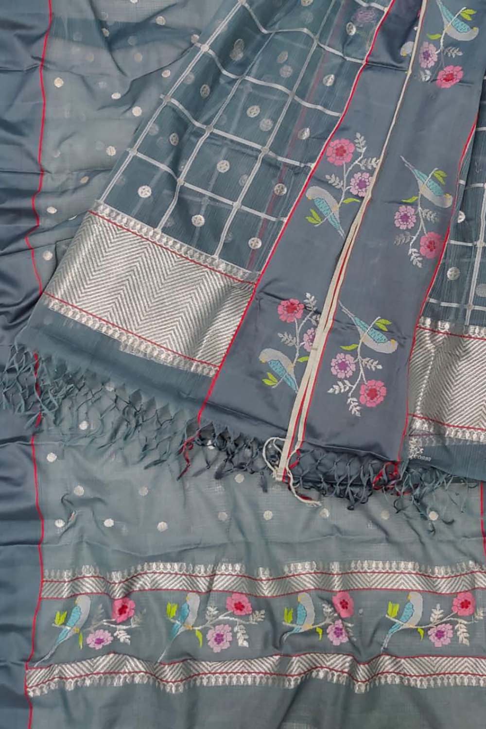 Elegant Grey Kota Doria Real Zari Two Piece Unstitched Suit Set