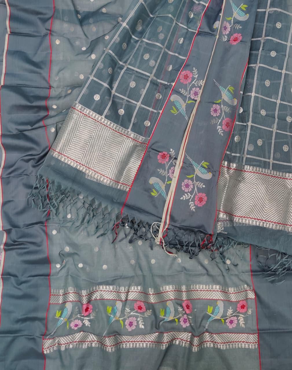 Elegant Grey Kota Doria Real Zari Two Piece Unstitched Suit Set