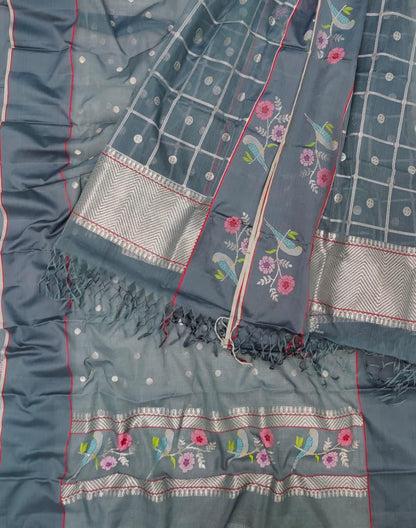 Elegant Grey Kota Doria Real Zari Two Piece Unstitched Suit Set