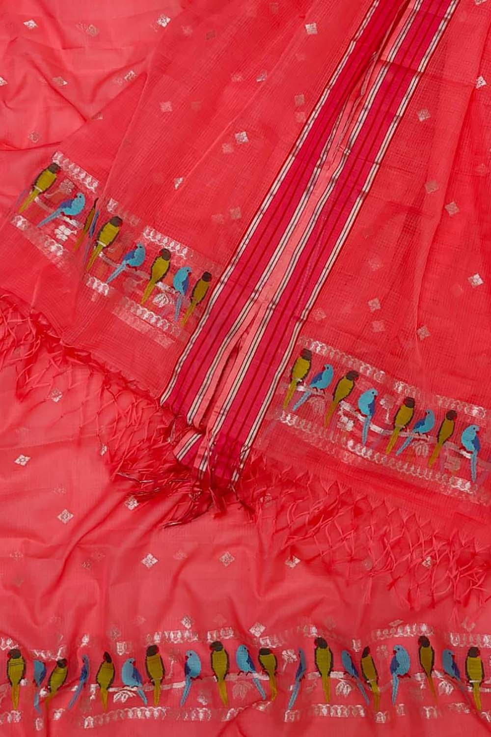 Elegant Red Kota Doria Real Zari Two Piece Unstitched Suit Set