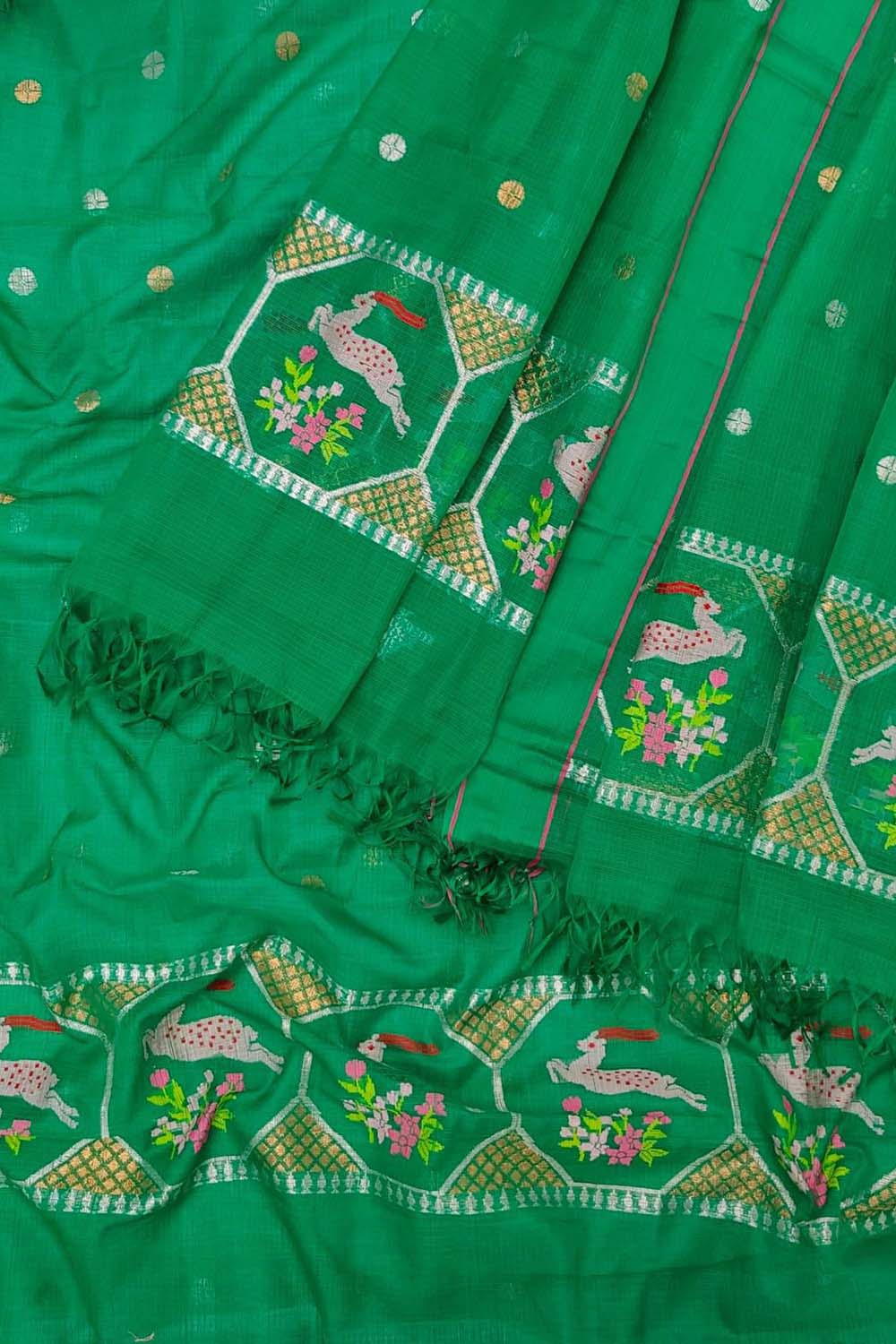 Green Kota Doria Real Zari Two Piece Unstitched Suit Set