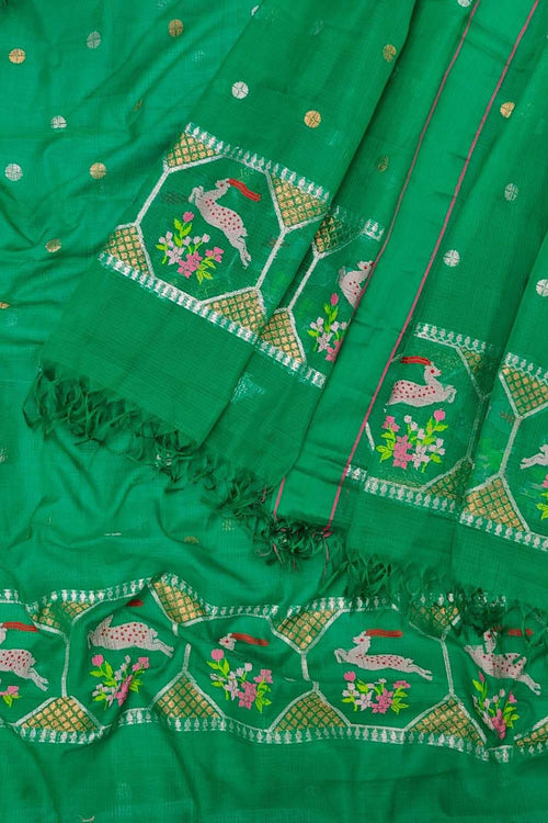 Green Kota Doria Real Zari Two Piece Unstitched Suit Set - Luxurion World