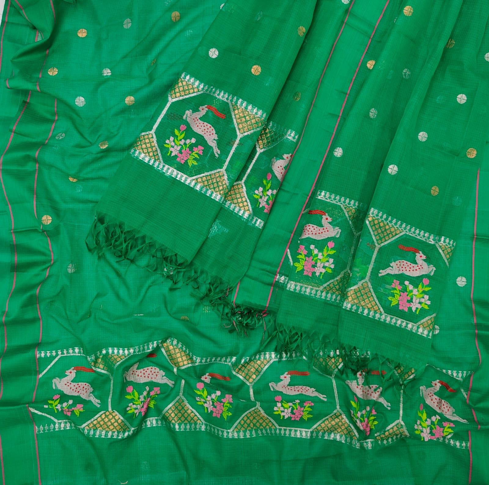 Green Kota Doria Real Zari Two Piece Unstitched Suit Set - Luxurion World
