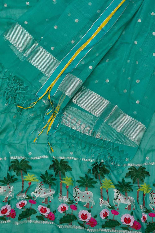 Green Kota Doria Real Zari Two Piece Unstitched Suit Set - Luxurion World