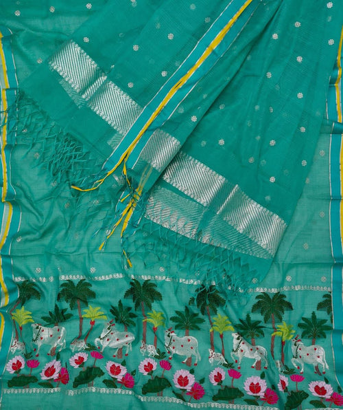Green Kota Doria Real Zari Two Piece Unstitched Suit Set - Luxurion World
