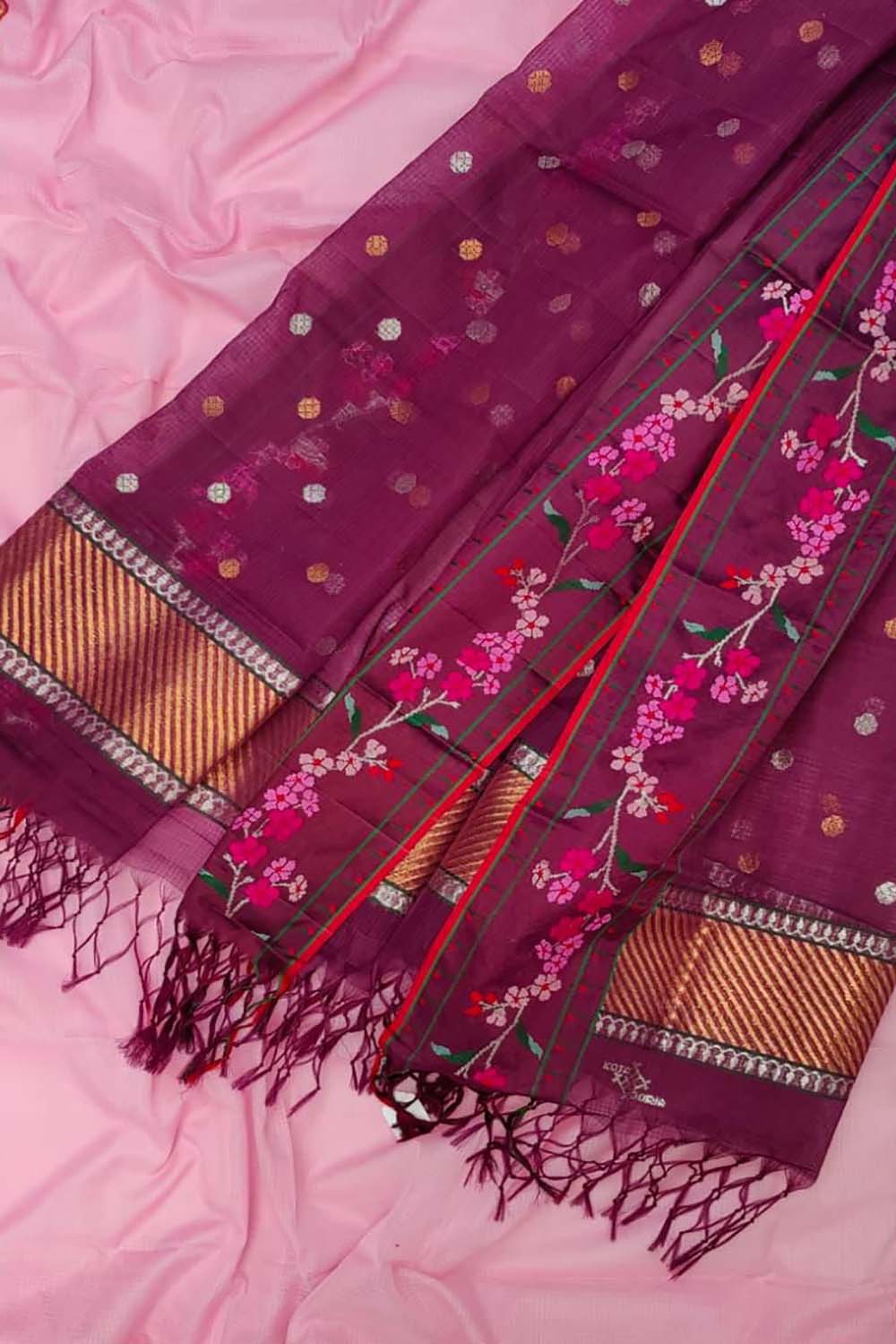 Pink Kota Doria Real Zari Two Piece Unstitched Suit Set - Luxurion World