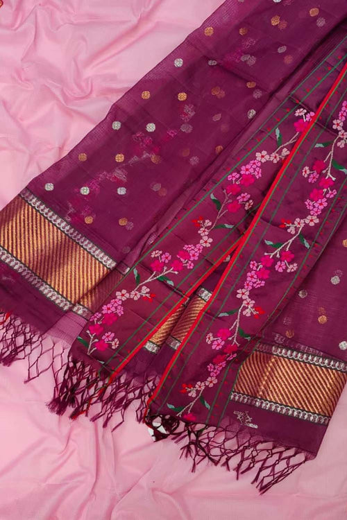 Pink Kota Doria Real Zari Two Piece Unstitched Suit Set - Luxurion World