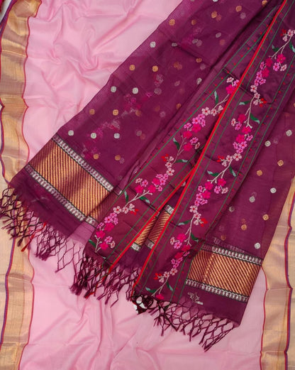 Pink Kota Doria Real Zari Two Piece Unstitched Suit Set