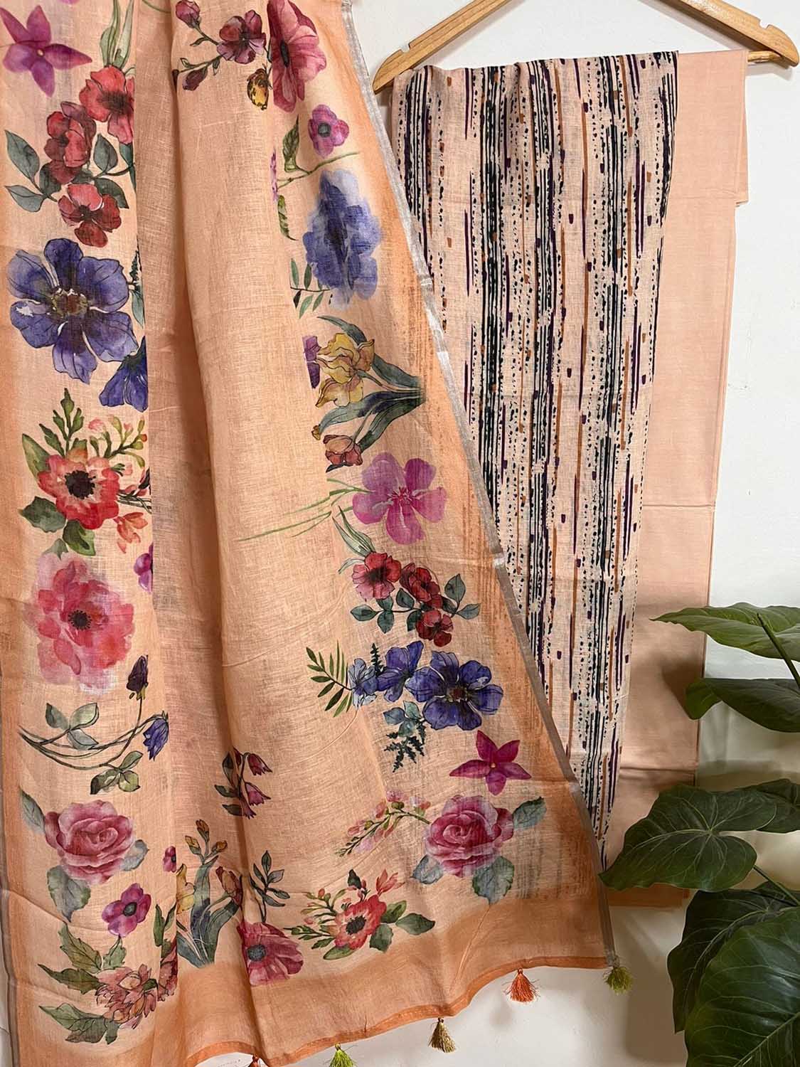 Orange Linen Digital Printed Handloom Three Piece Suit Set - Luxurion World