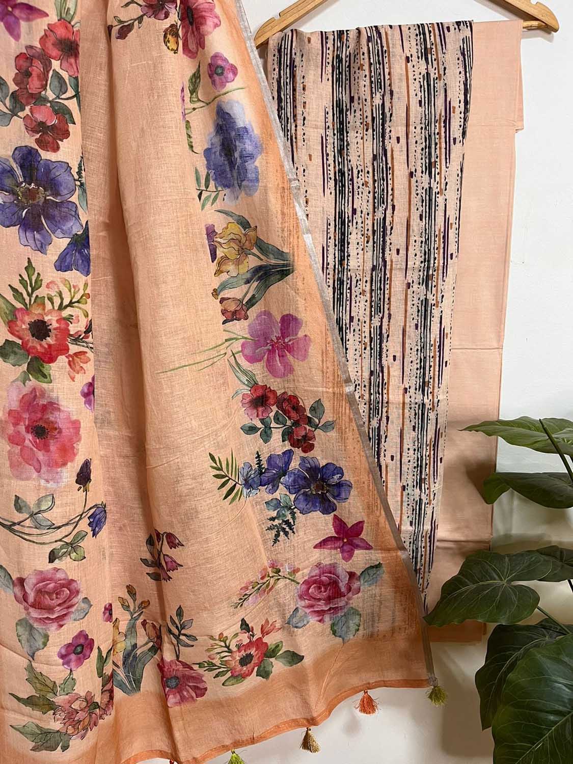 Orange Linen Digital Printed Handloom Three Piece Suit Set - Luxurion World