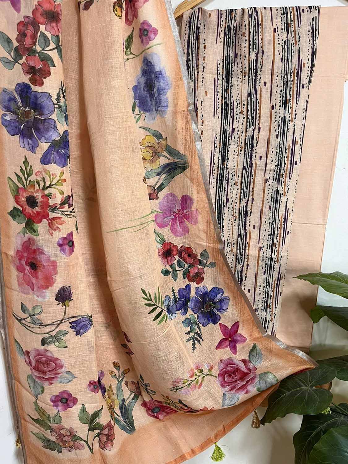 Orange Linen Digital Printed Handloom Three Piece Suit Set - Luxurion World