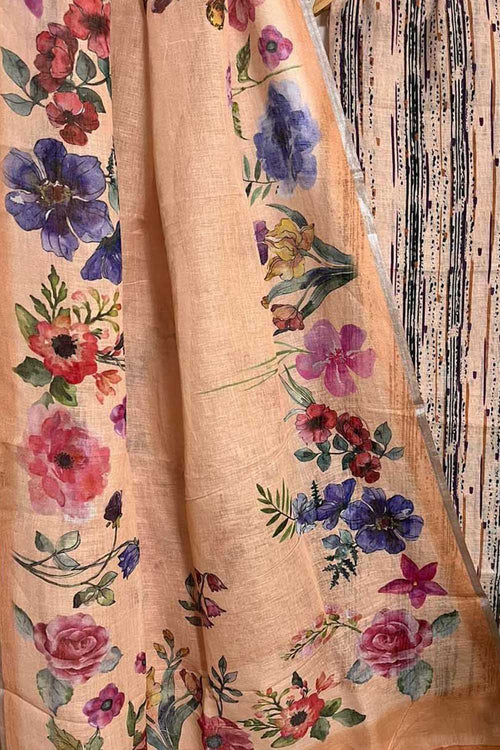 Orange Linen Digital Printed Handloom Three Piece Suit Set - Luxurion World