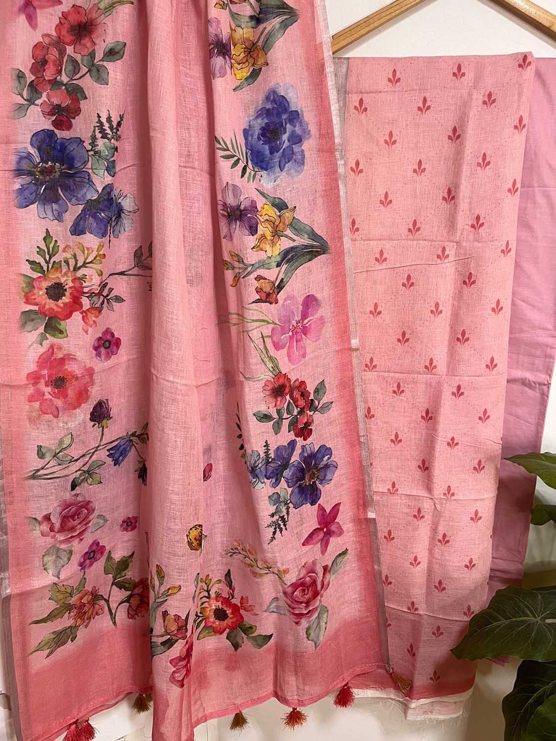 Stylish Pink Linen Digital Printed Handloom Three Piece Suit Set - Luxurion World