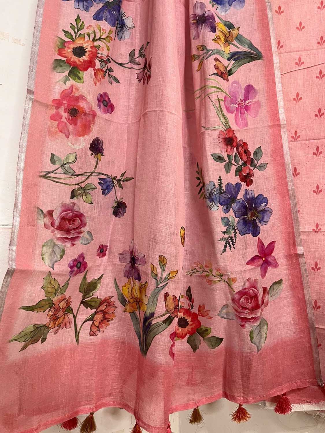 Stylish Pink Linen Digital Printed Handloom Three Piece Suit Set - Luxurion World