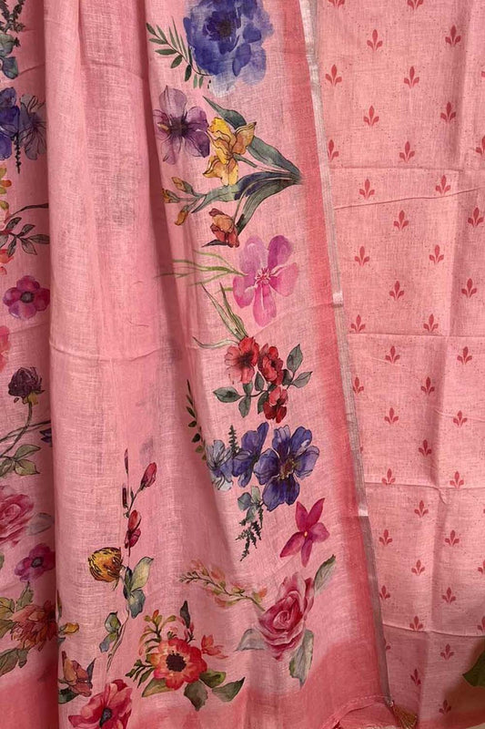 Stylish Pink Linen Digital Printed Handloom Three Piece Suit Set