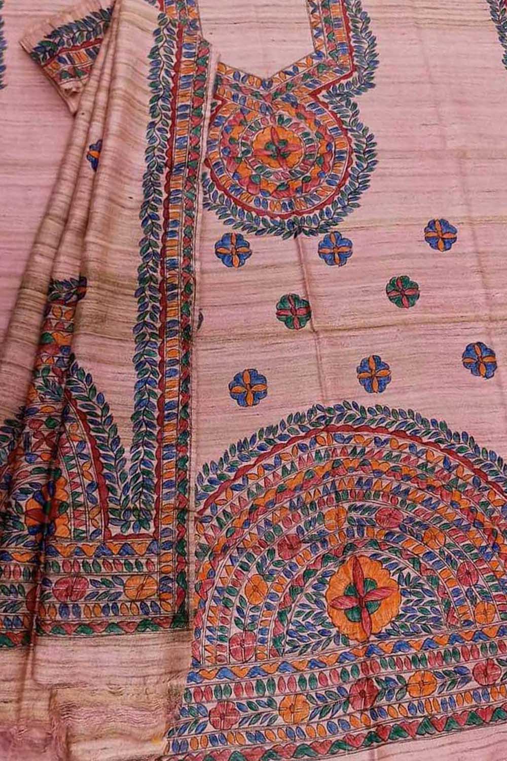Hand Painted Pink Madhubani Tussar Ghicha Suit Set - Luxurion World