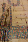 Pastel Madhubani Hand Painted Tussar Ghicha Suit Set - Luxurion World