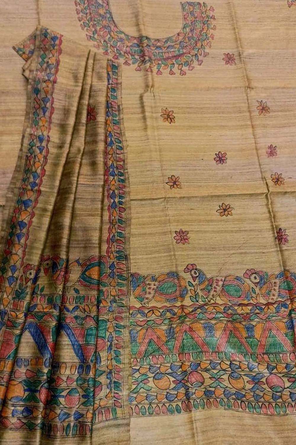 Pastel Madhubani Hand Painted Tussar Ghicha Suit Set - Luxurion World