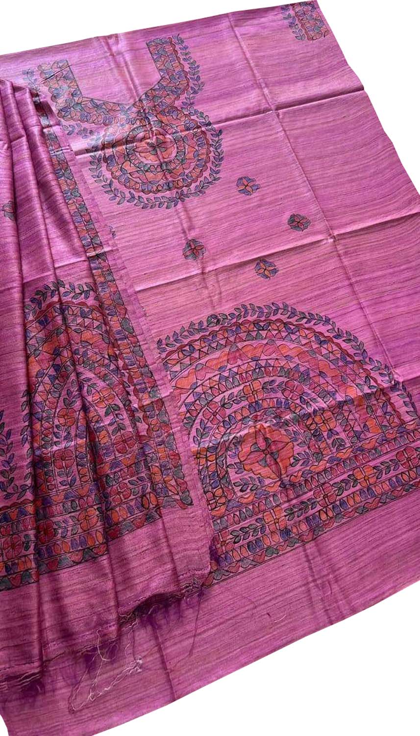 Vibrant Pink Madhubani Hand Painted Tussar Ghicha Suit - Luxurion World