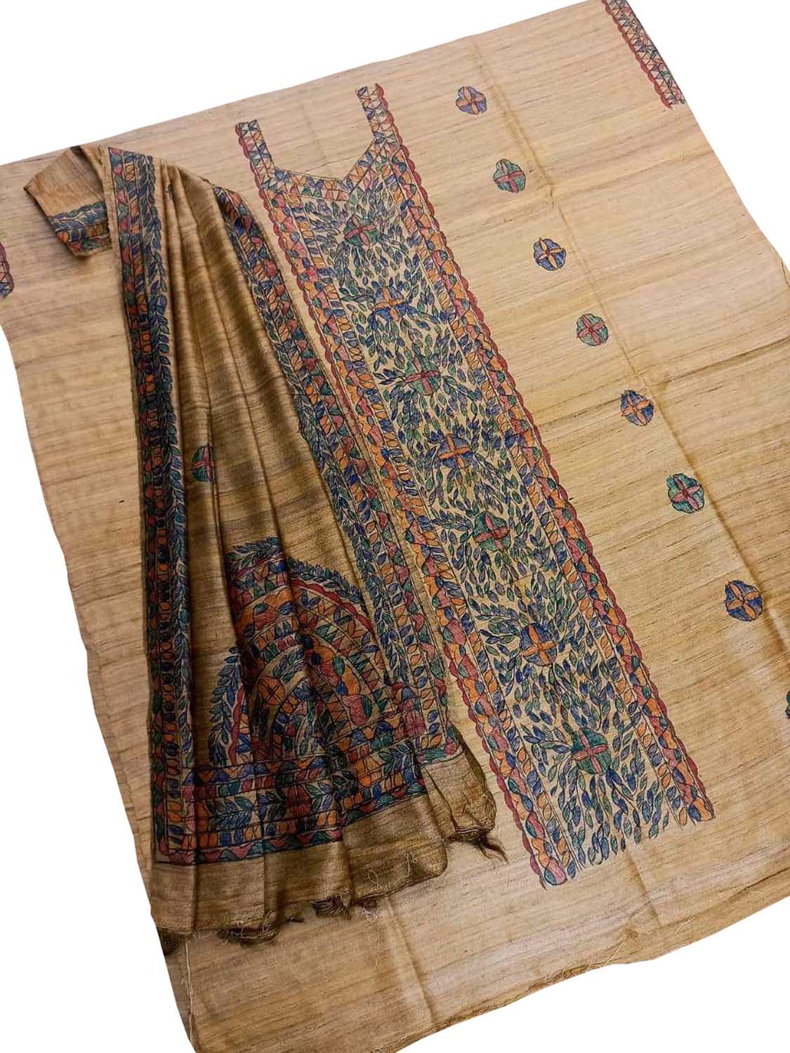 Pastel Madhubani Hand Painted Tussar Ghicha Suit Set - Luxurion World