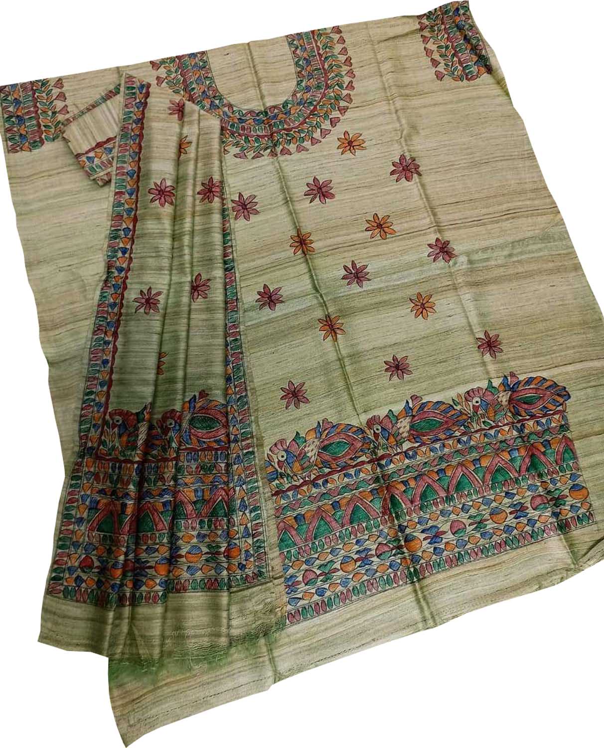 Hand Painted Green Madhubani Tussar Ghicha Suit Set - Luxurion World