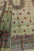 Hand Painted Green Madhubani Tussar Ghicha Suit Set - Luxurion World