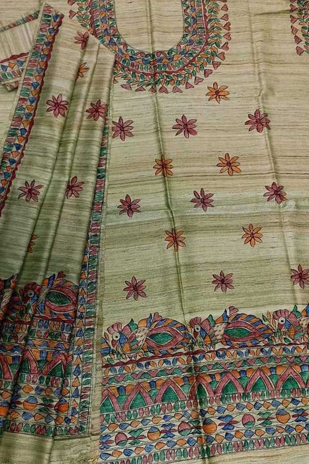 Hand Painted Green Madhubani Tussar Ghicha Suit Set - Luxurion World