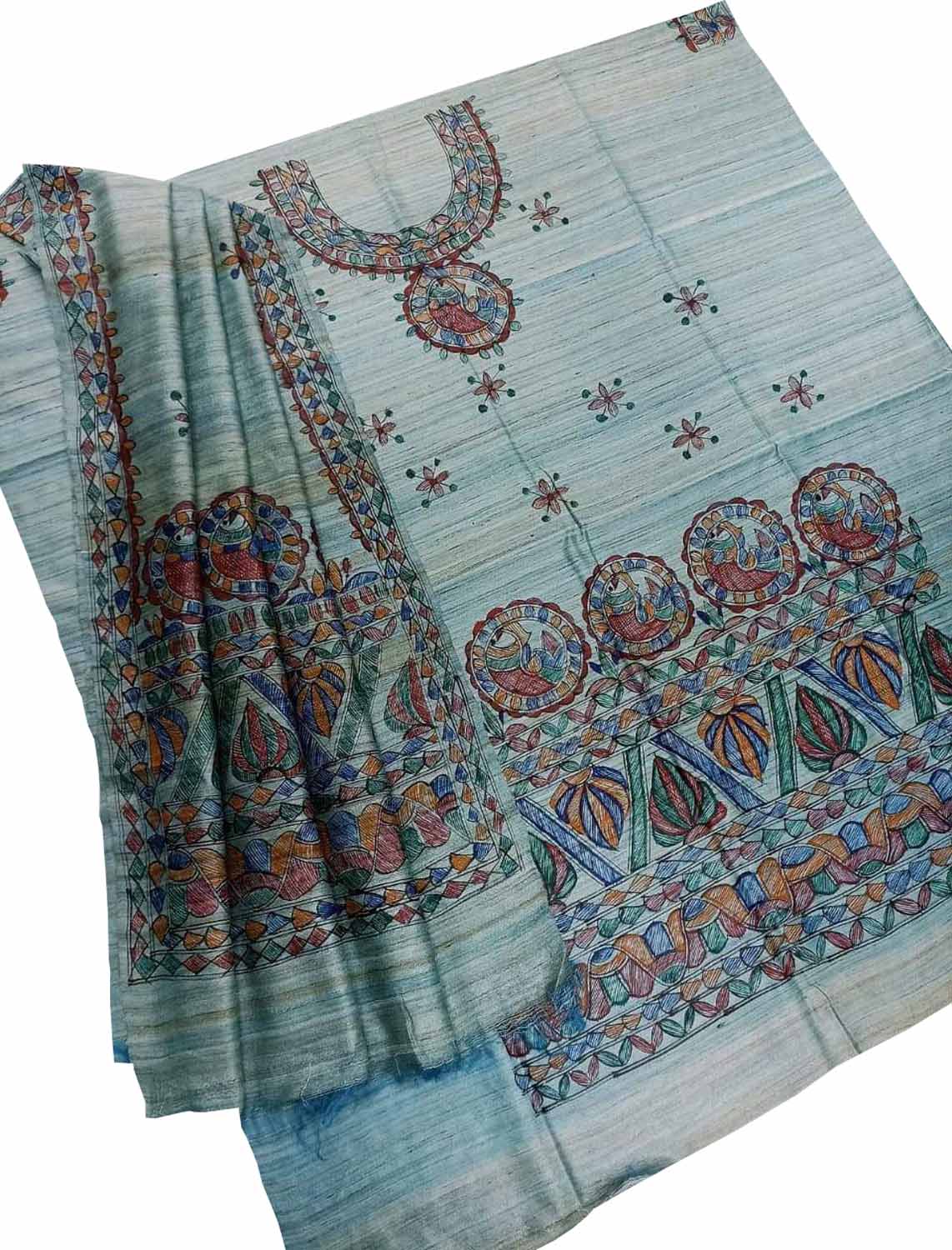Blue Madhubani Hand Painted Tussar Ghicha Suit Set - Luxurion World