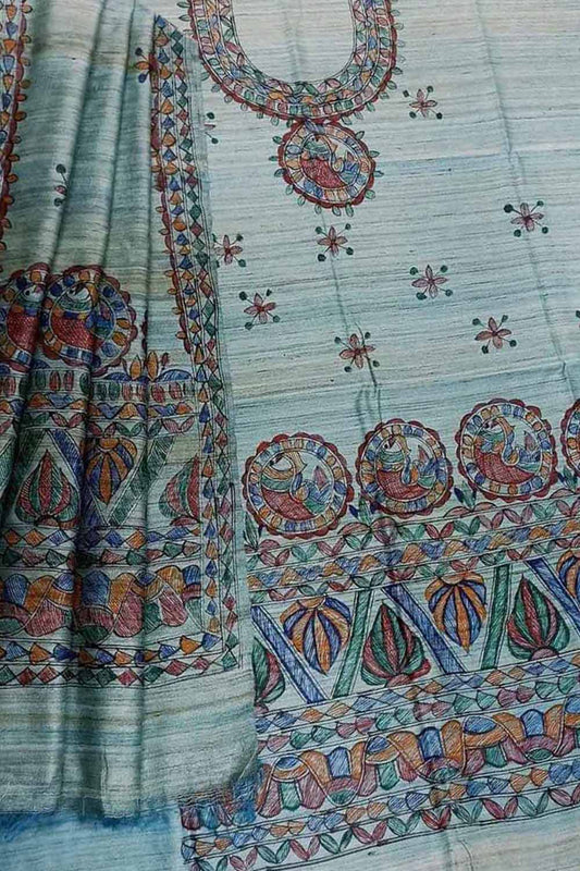 Blue Madhubani Hand Painted Tussar Ghicha Suit Set