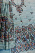 Blue Madhubani Hand Painted Tussar Ghicha Suit Set - Luxurion World