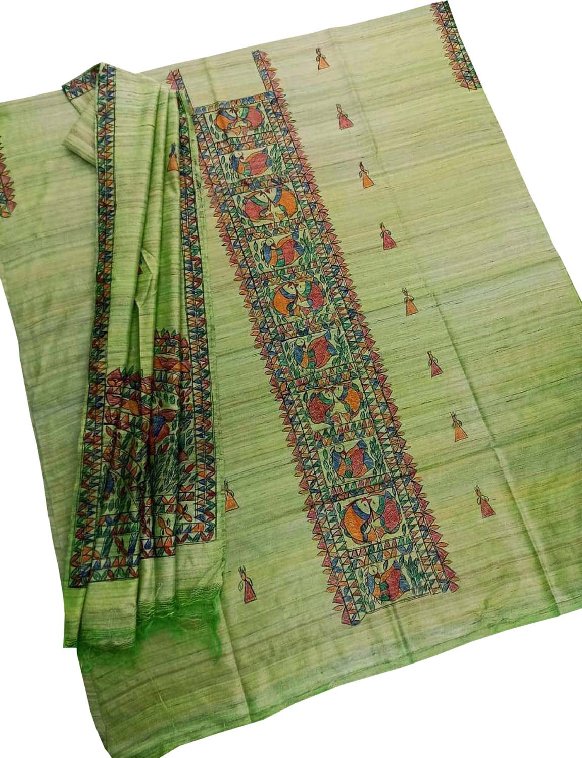 Hand Painted Green Madhubani Tussar Ghicha Suit Set - Luxurion World