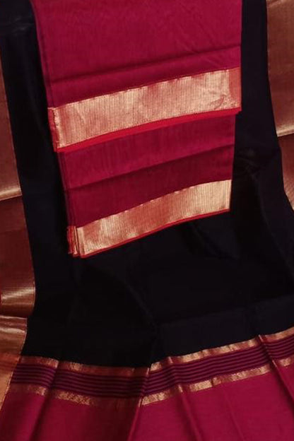 Black And Pink Handloom Maheshwari Cotton Silk Two Piece Suit Set