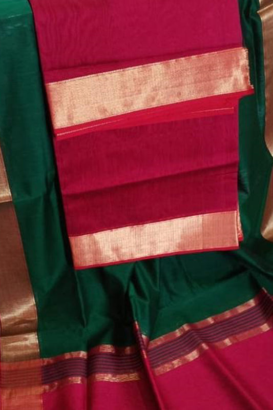 Stylish Green and Pink Handloom Maheshwari Cotton Silk Suit Set