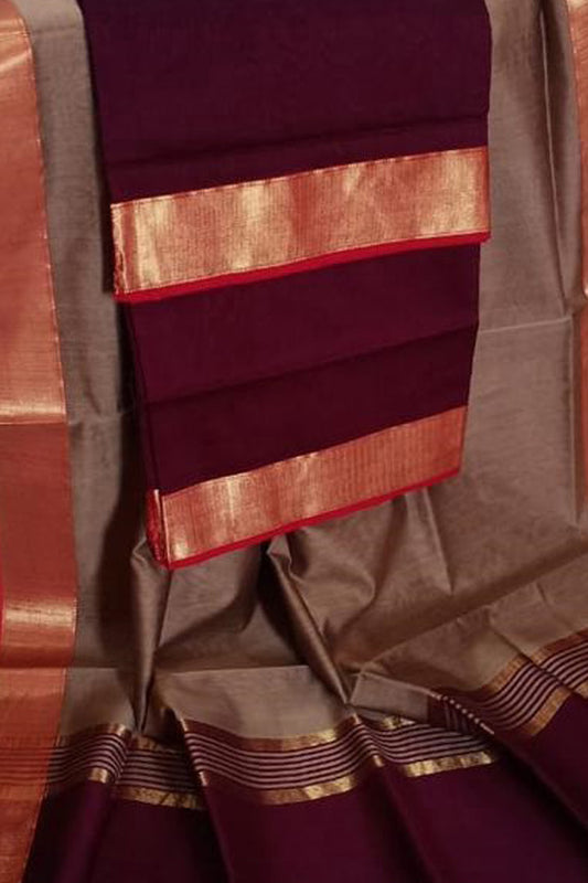 Stylish Pastel & Maroon Handloom Maheshwari Cotton Silk Suit Set - Luxurion World