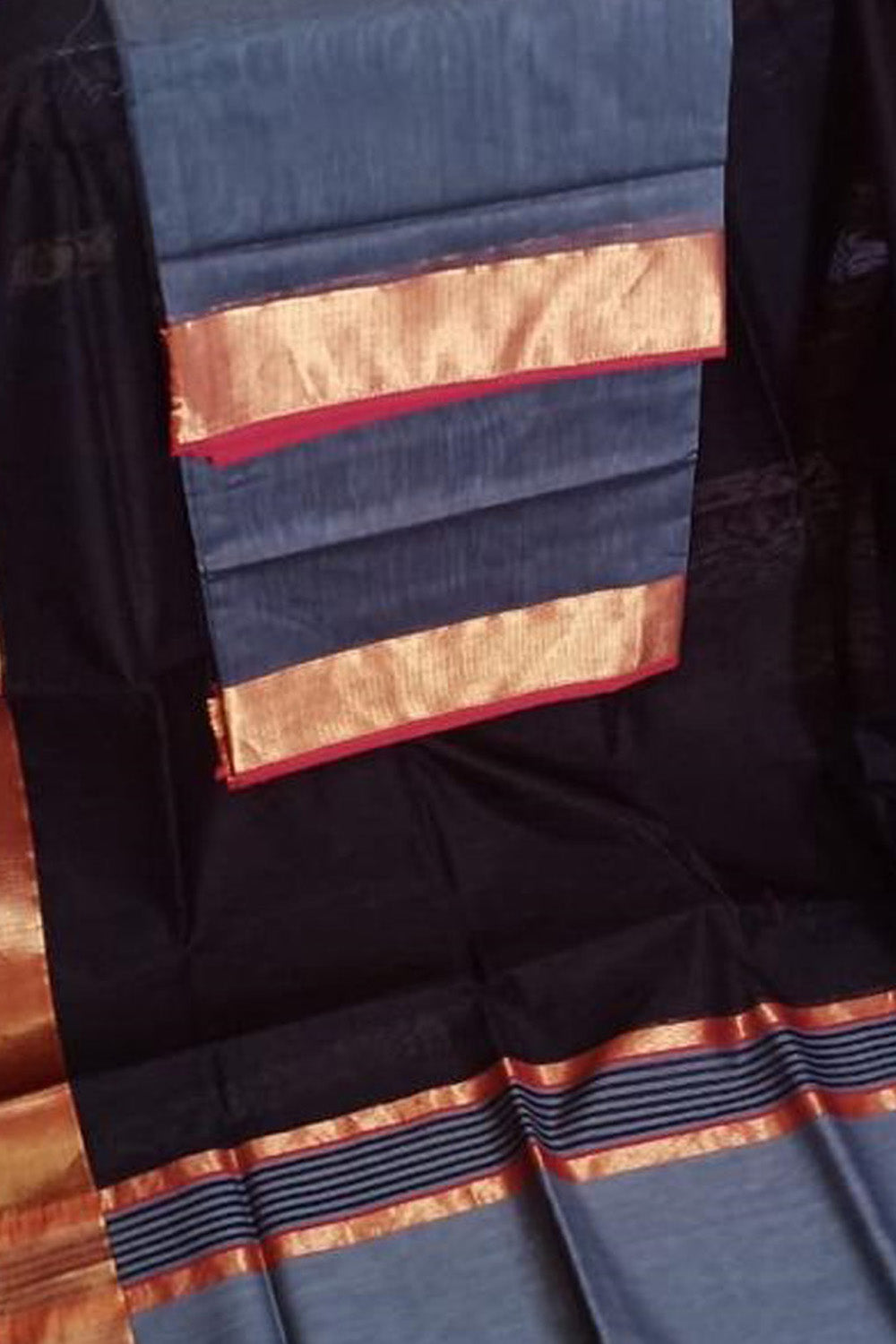 Stylish Black and Blue Handloom Maheshwari Cotton Silk Suit Set - Luxurion World