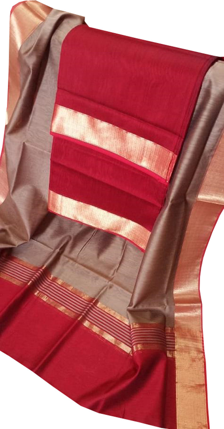 Stylish Pastel & Red Handloom Maheshwari Cotton Silk Suit Set - Luxurion World