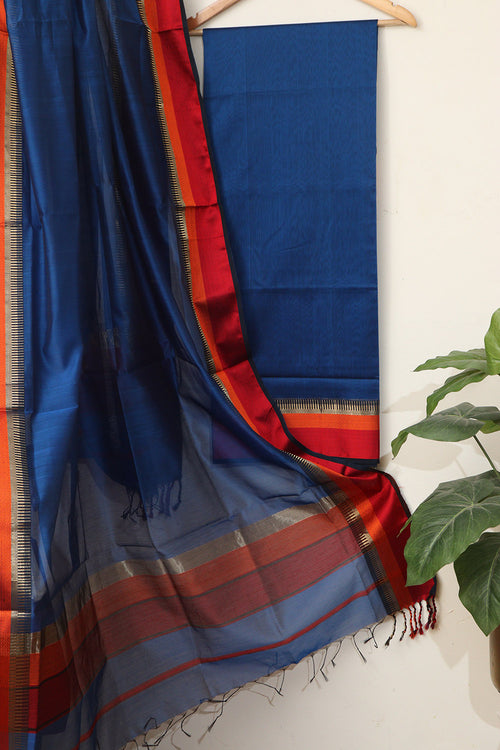 Blue Maheshwari Cotton Silk Suit - Handloom Elegance - Luxurion World